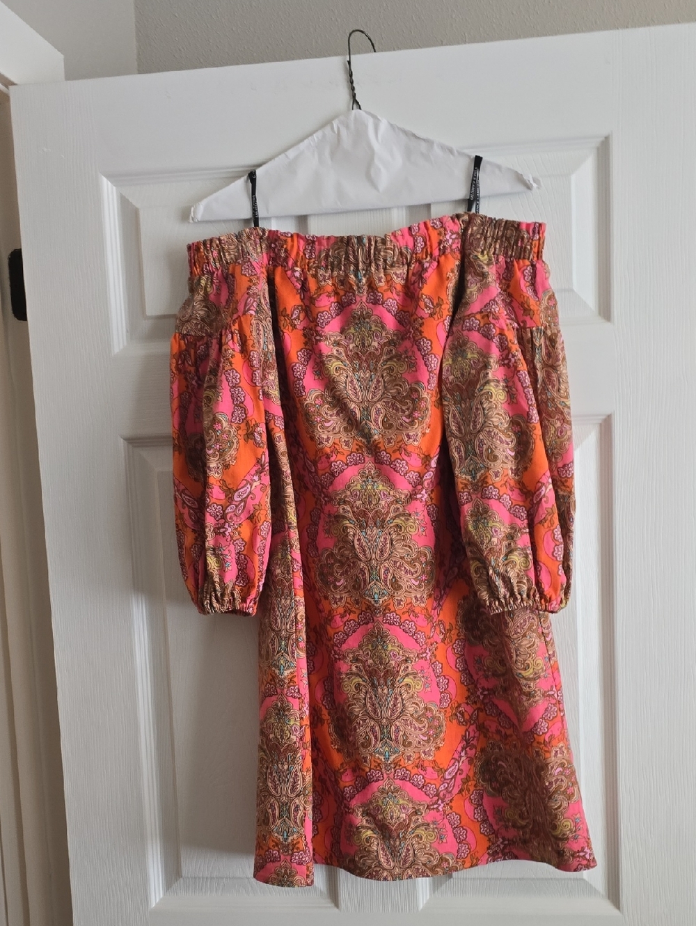 Off-Shoulder Paisley Dress in Bright Orange & Pink